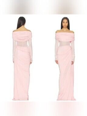NWT Deme by Gabriella Bella Dress Pink Mesh Ruched Off Shoulder Maxi Gown Size M